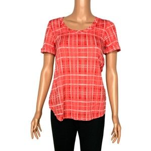 allen allen Women's Short Sleeve Round Neck Plaid Top Begonia Size XS